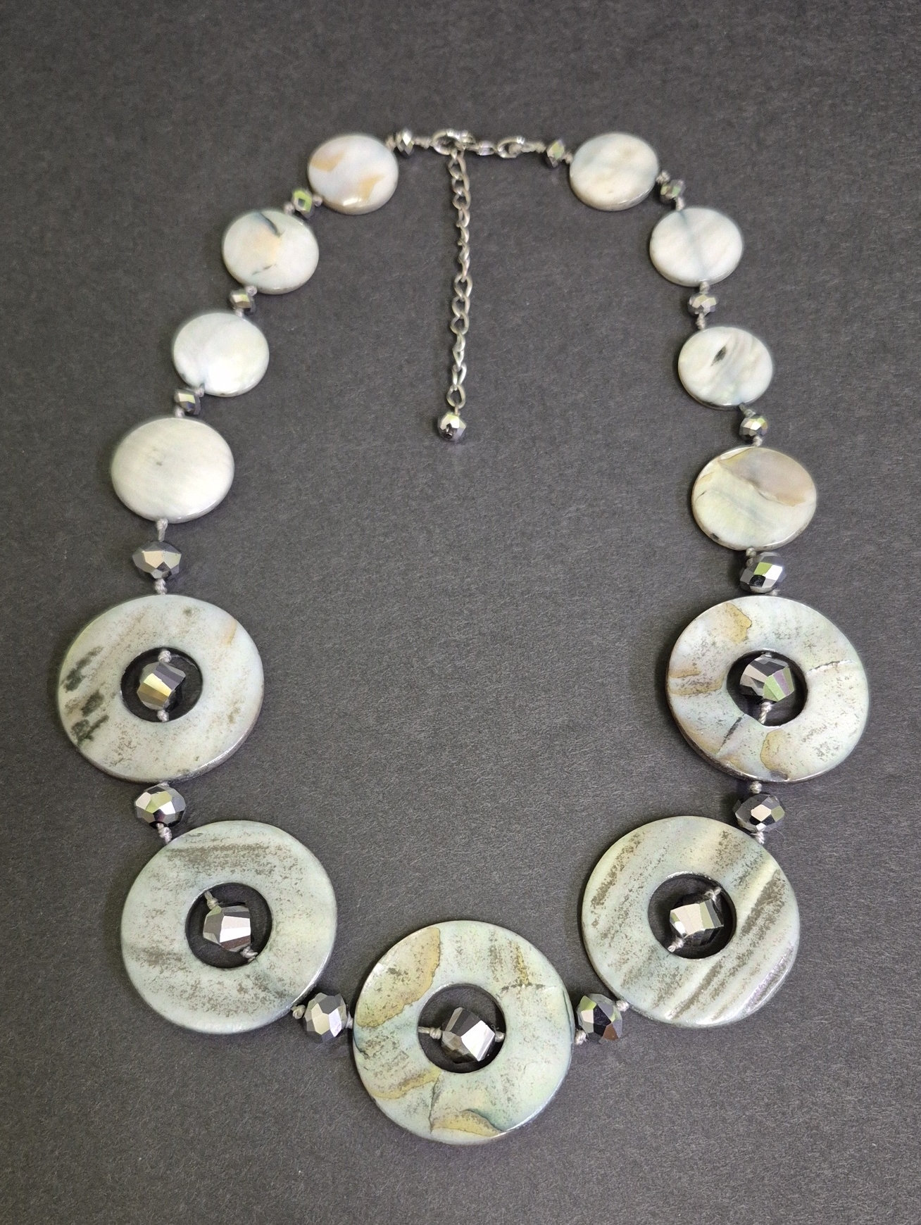 Handcrafted Chunky Light Grey Shell Disc Necklace With Hematite Accents 21" In.